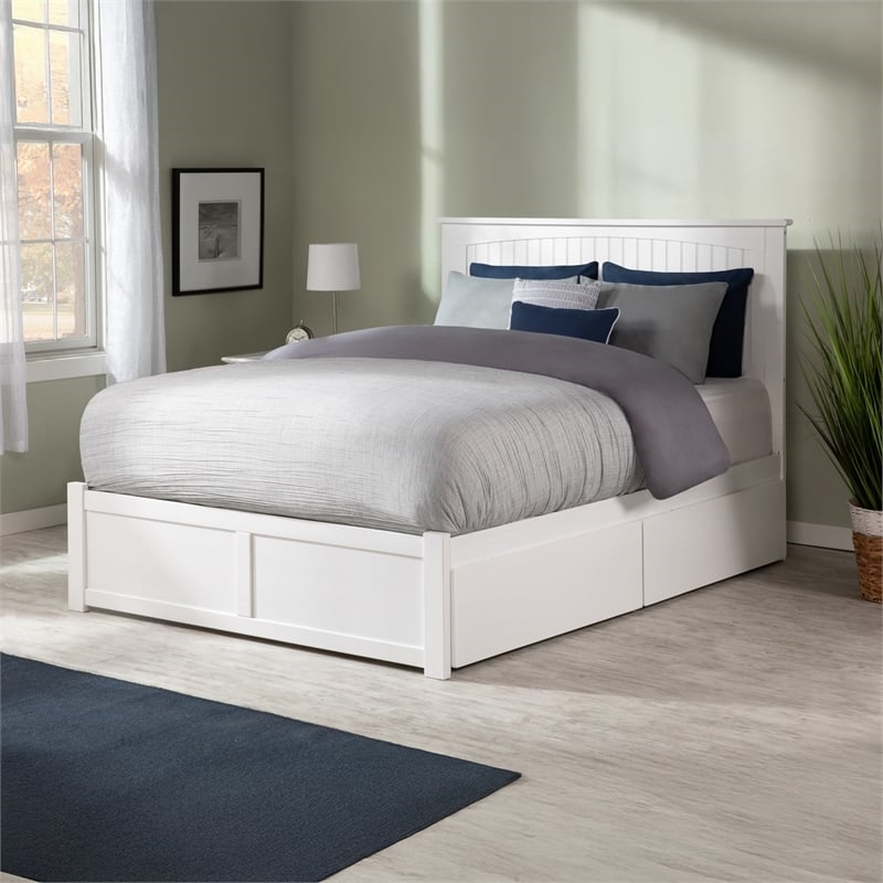 Leo & Lacey Full Wood Platform Bed w/Footboard & Storage Drawers in White