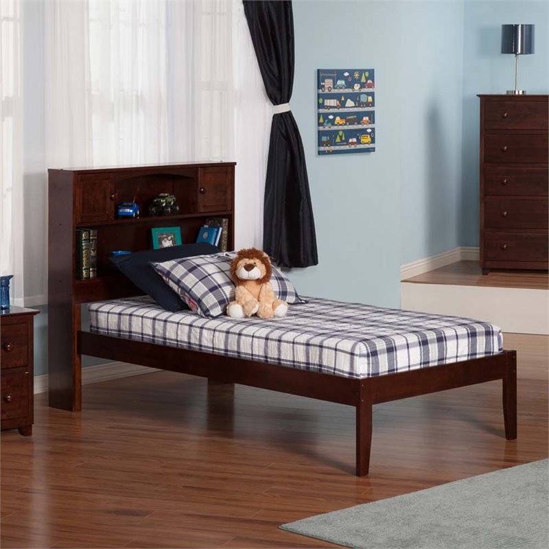 Leo & Lacey Solid Wood Twin XL Platform Bed with Built-In Charger in Walnut