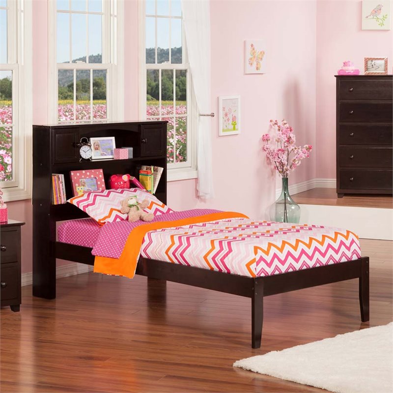 Leo & Lacey Solid Wood Twin Platform Bookcase Bed with USB Charger in Espresso