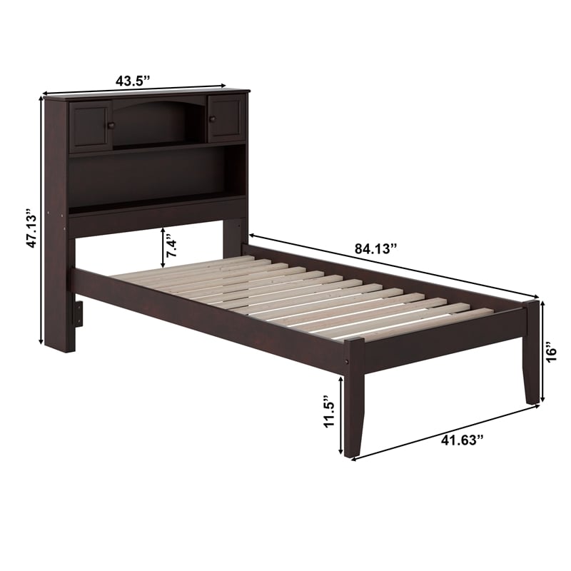 Leo & Lacey Solid Wood Twin Platform Bookcase Bed with USB Charger in Espresso
