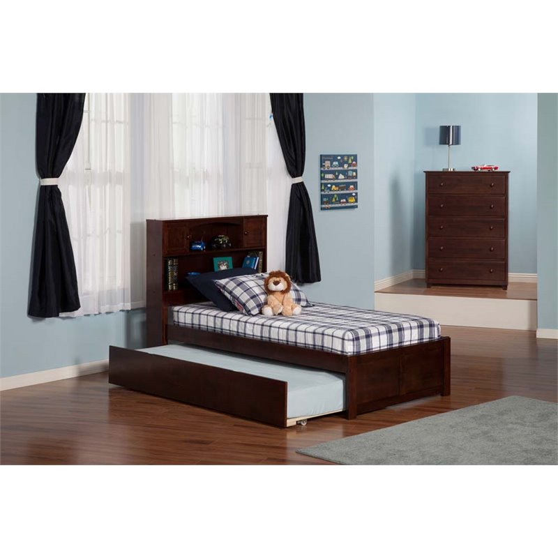 Leo & Lacey Transitional Solid Wood Twin Trundle Platform Bed in Walnut