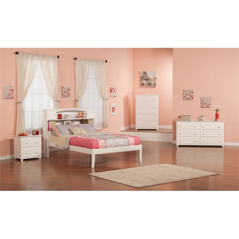 Leo & Lacey Solid Wood Full Platform Bed with USB Charging Station in White