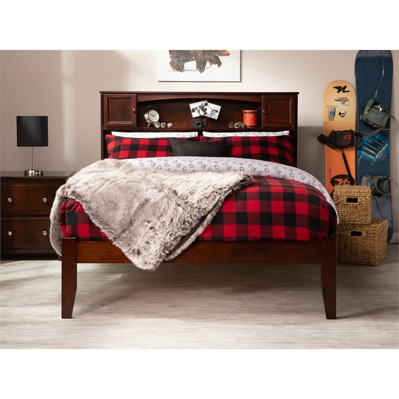 Leo & Lacey Solid Wood Full Platform Bed w/ USB Charging Station in Walnut