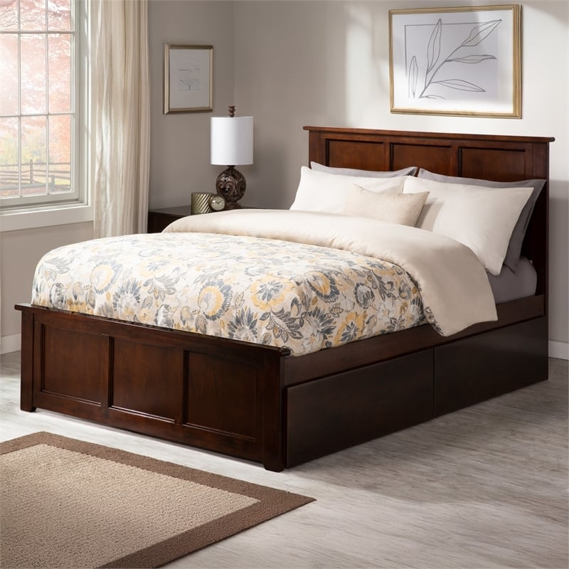 Leo & Lacey Full Platform Bed with Footboard & Storage Drawers - Walnut