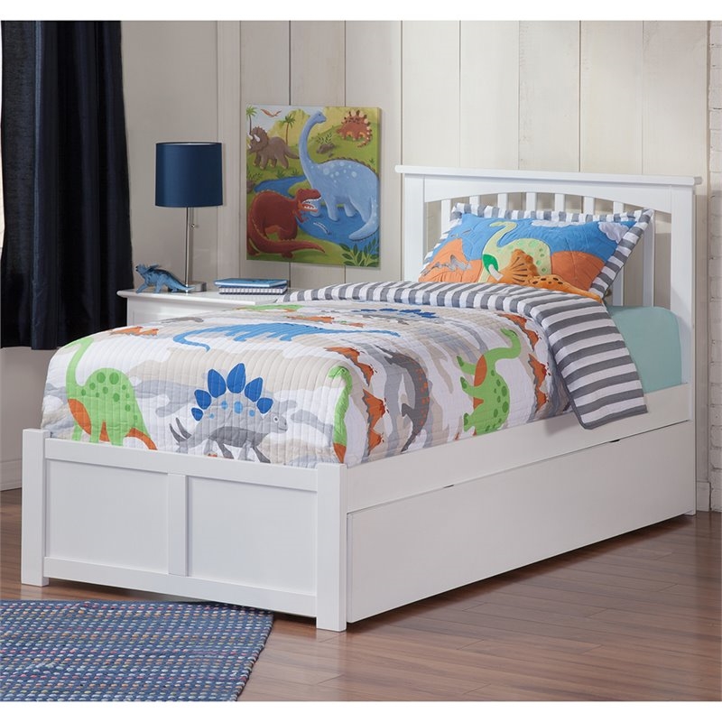 Leo & Lacey Mission Twin Wood Platform Bed w/Footboard and Twin Trundle in White