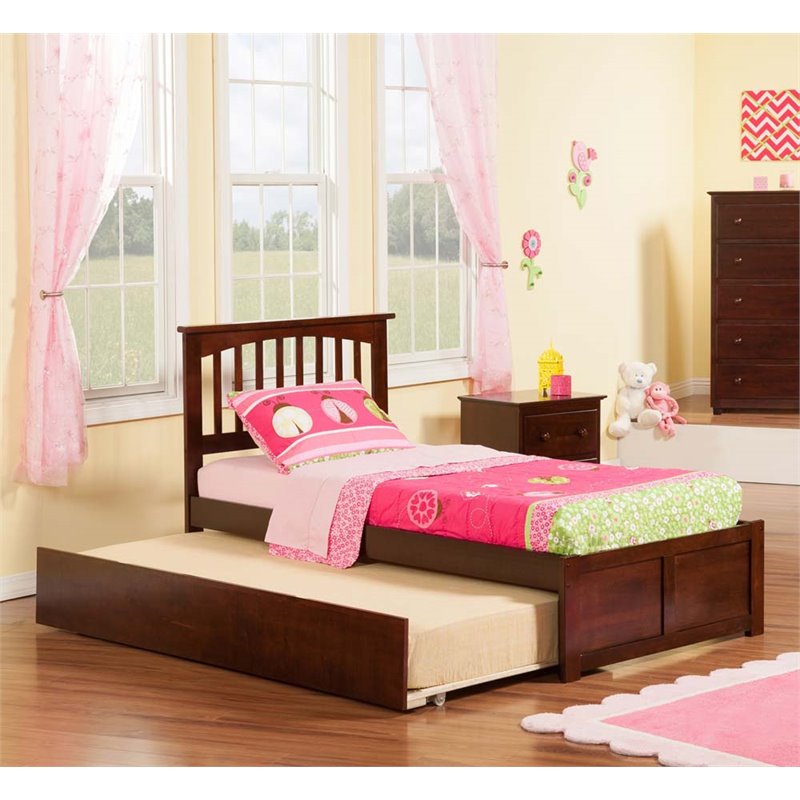 Leo & Lacey Mission Twin Wood Platform Bed and Twin Trundle in Walnut