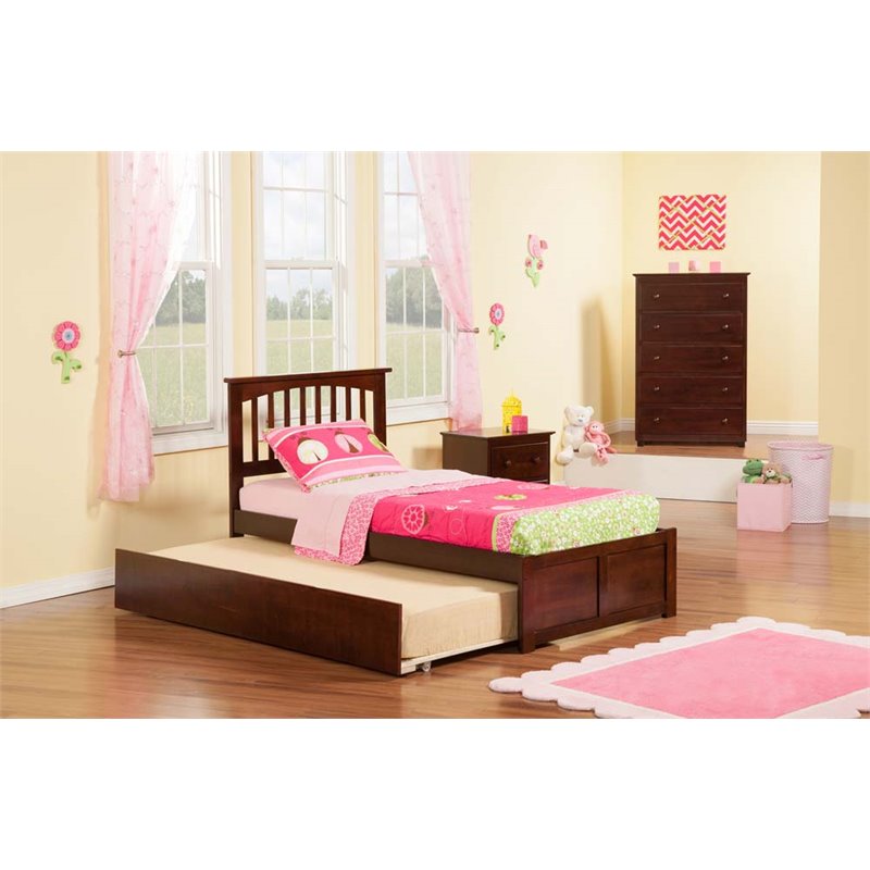 Leo & Lacey Mission Twin Wood Platform Bed and Twin Trundle in Walnut
