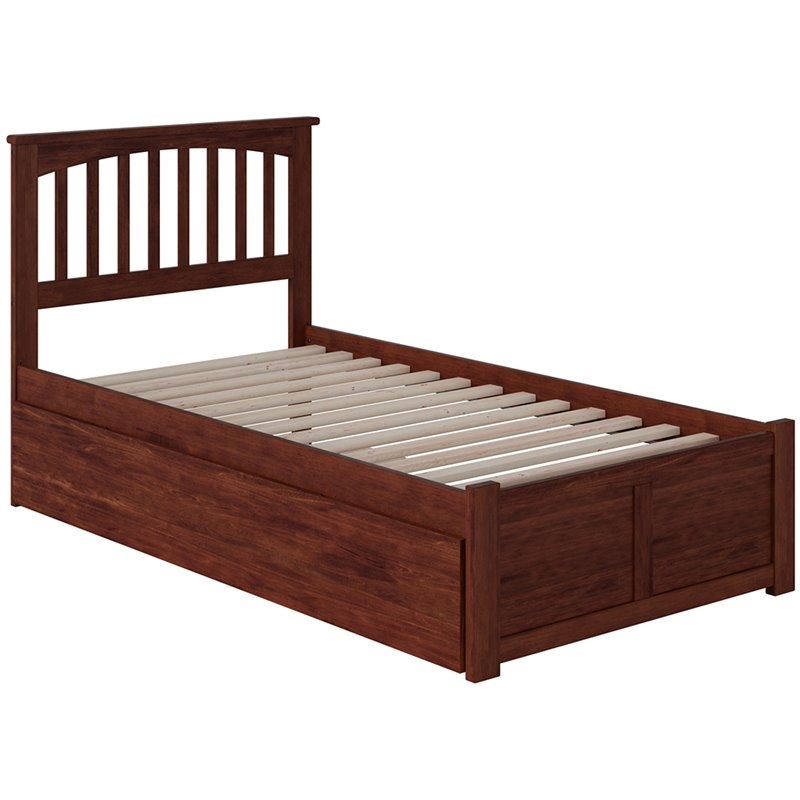 Leo & Lacey Mission Twin Wood Platform Bed and Twin Trundle in Walnut