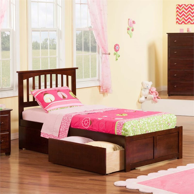 Leo & Lacey Mission Twin Wood Platform Bed and Storage Drawers in Walnut