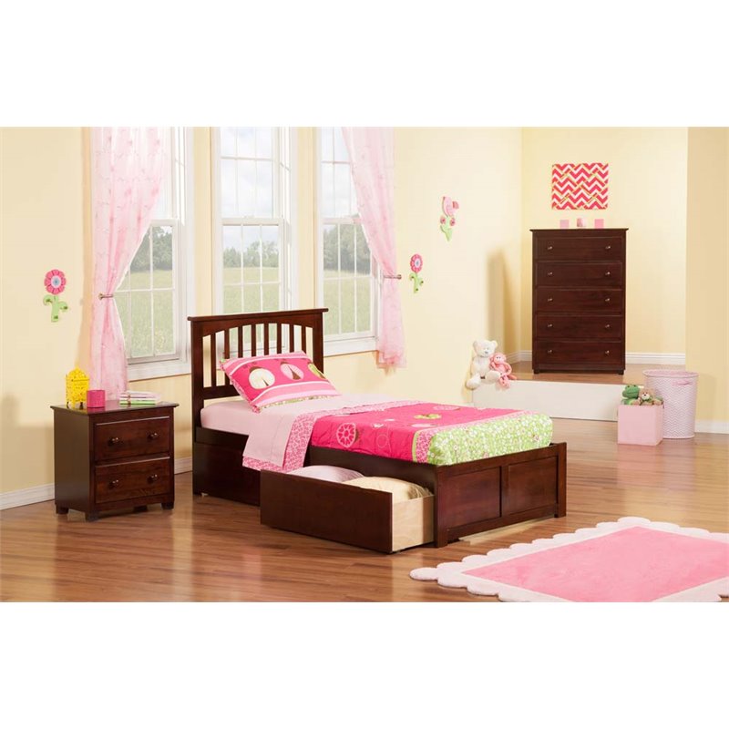 Leo & Lacey Mission Twin Wood Platform Bed and Storage Drawers in Walnut