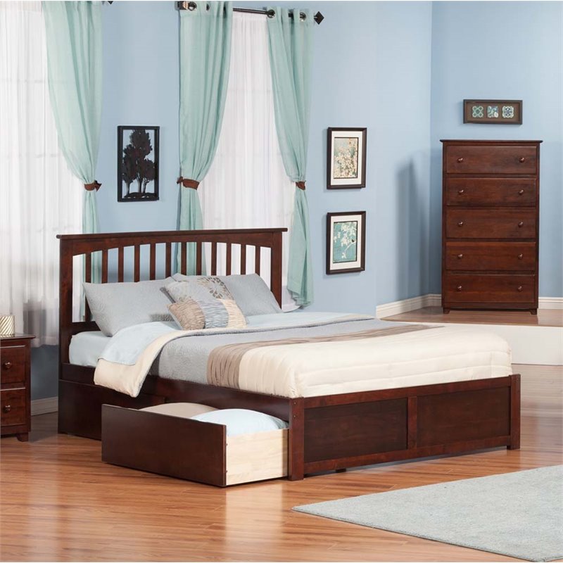 Leo & Lacey Mission Queen Wood Platform Bed and Storage Drawers in Walnut