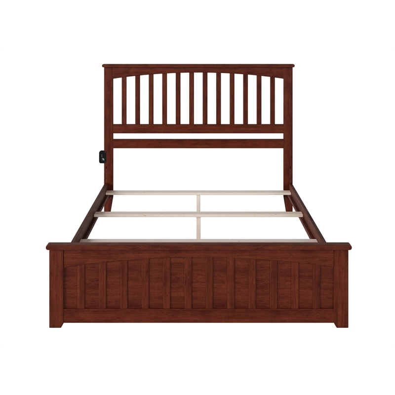 Leo & Lacey Solid Wood Queen Platform Bed with Footboard & USB Charger in Walnut