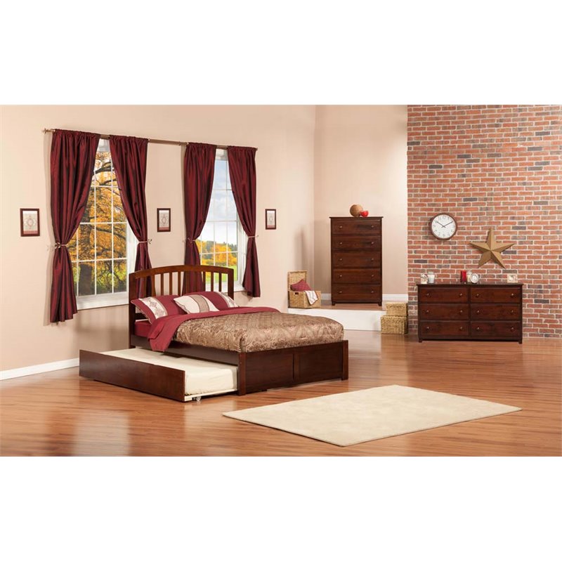 Leo & Lacey Richmond Full Wood Platform Bed and Twin Trundle in Walnut