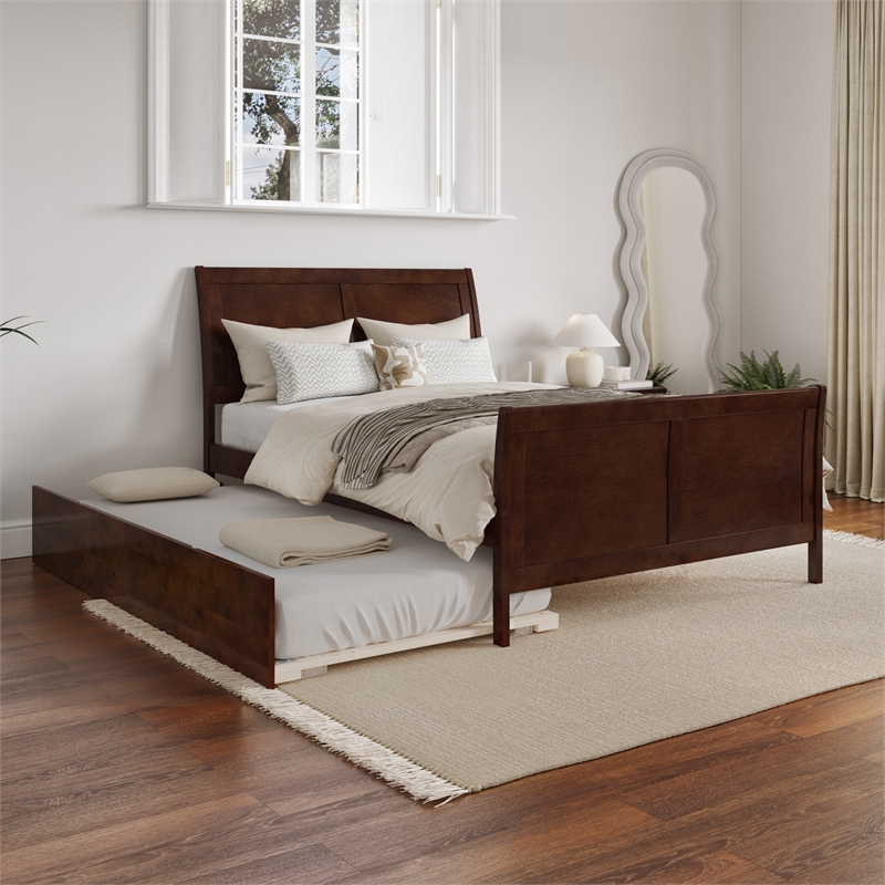 Leo & Lacey Portland Full Wood Platform Bed  & Twin Trundle in Walnut