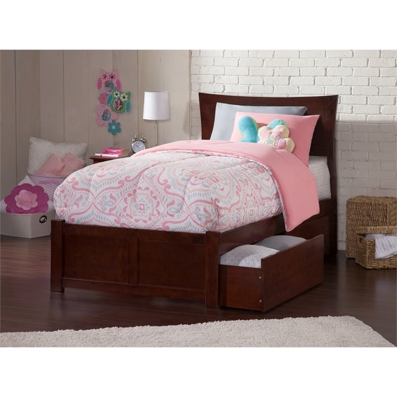 Leo & Lacey Transitional Solid Wood Urban Twin XL Storage Platform Bed in Walnut