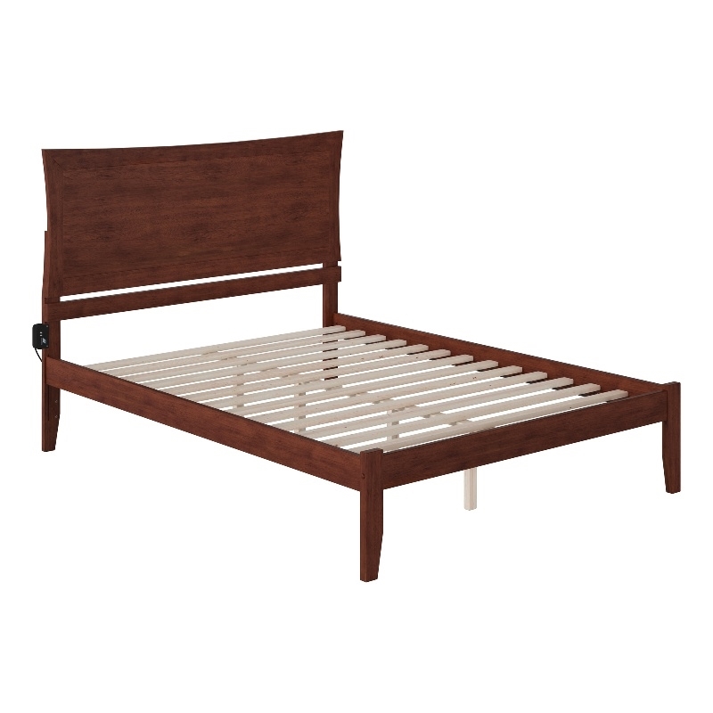 Leo & Lacey Solid Wood Queen Platform Bed with USB Charging Station in Walnut