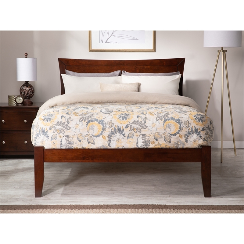 Leo & Lacey Solid Wood Queen Platform Bed with USB Charging Station in Walnut