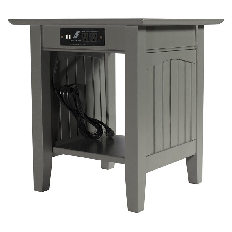Leo & Lacey Traditional Solid Wood End Table with Charger in Gray