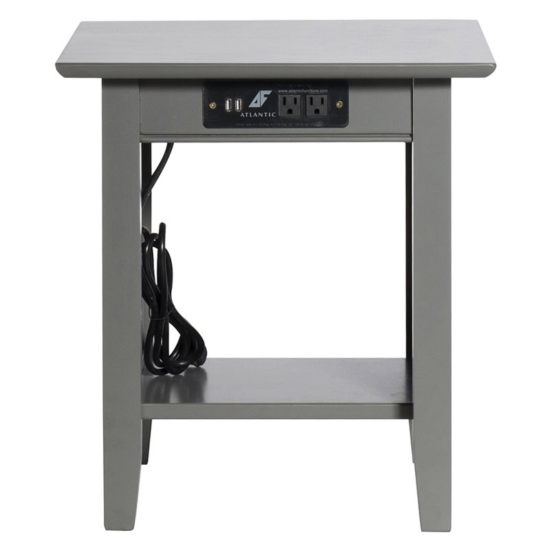 Leo & Lacey Traditional Solid Wood End Table with Charger in Gray