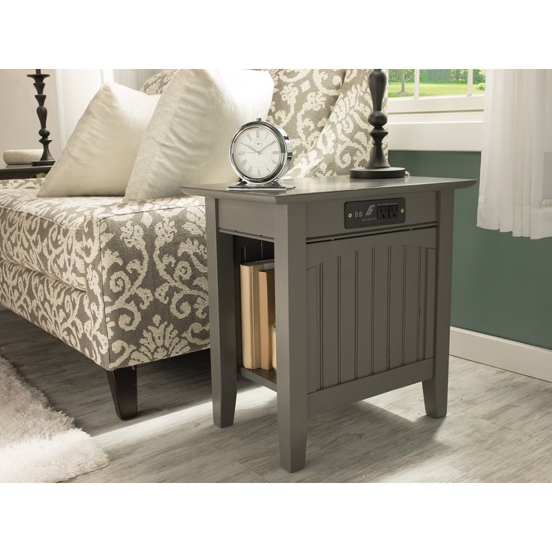 Leo & Lacey Traditional Wood Side Table with Charger in Gray