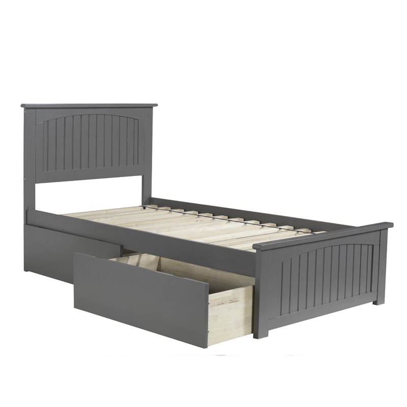 Leo & Lacey Twin Platform Bed with Footboard and 2 Urban Bed Drawers in Gray
