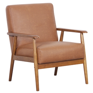 home fare wood frame faux leather accent chair in cognac brown