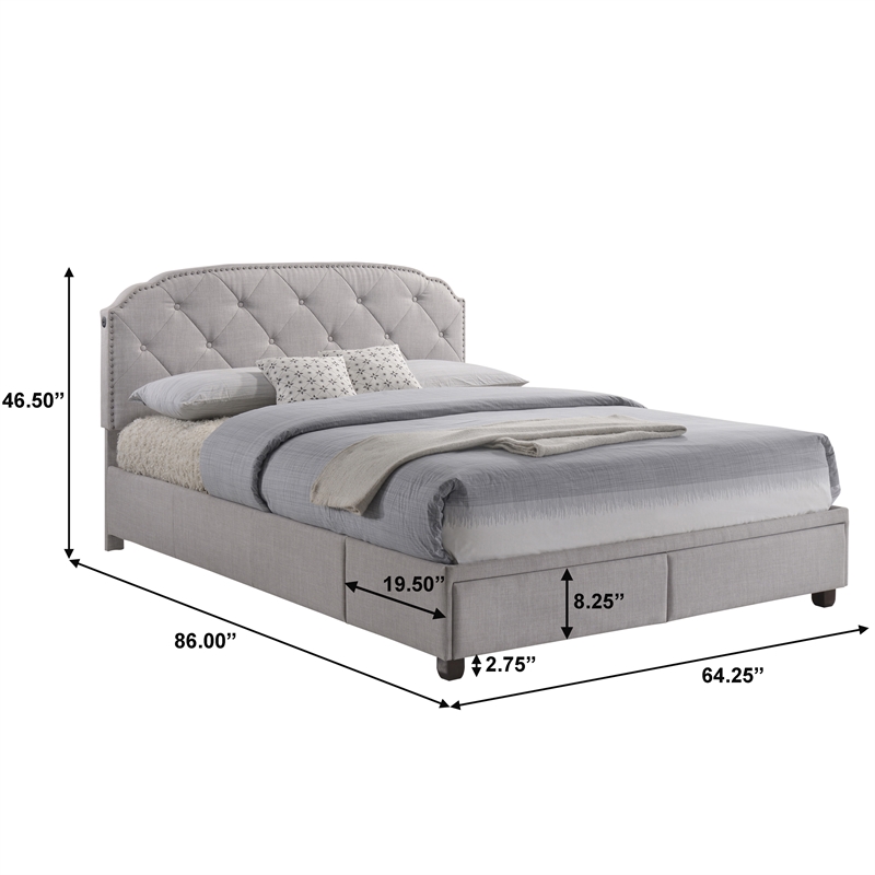 Home Fare Queen Tufted Gray Upholstered Fabric Bed with Storage | Cymax