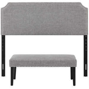 home fare upholstered queen headboard and bench set in gray fabric