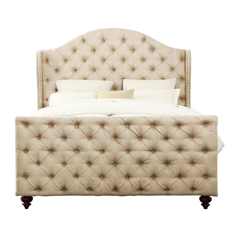 Home Fare Button Tufted Linen Upholstered Queen Footboard and Side Rails DSD001251538