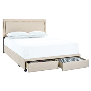 nail head trim platform king sized storage bed in linen  fabric