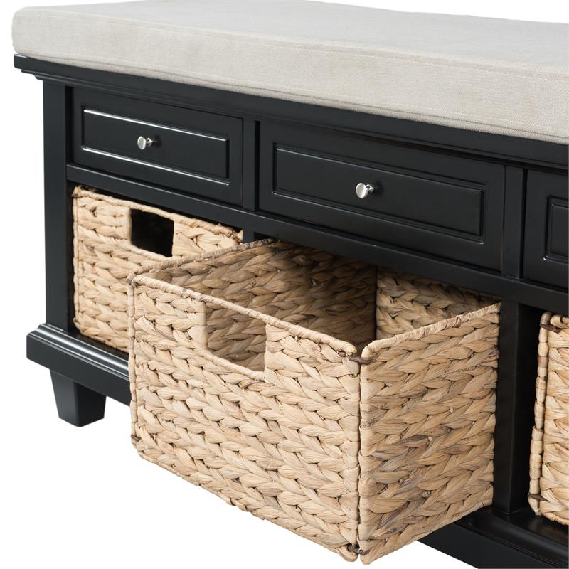 Black Wood MultiFunctional Storage Bench with 3 Drawers
