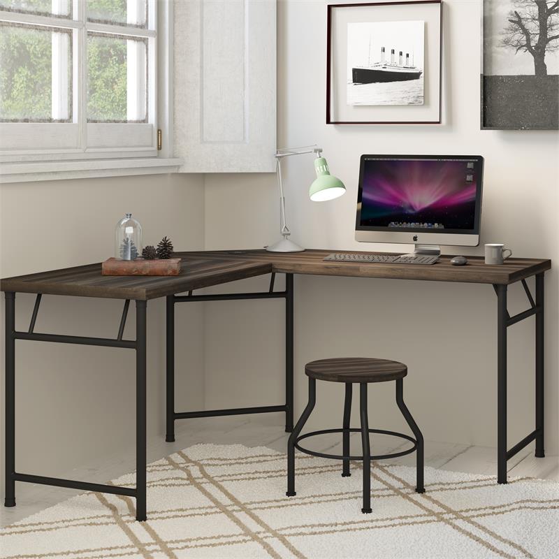 Rustic Industrial Metal L Shape Desk with Stool Dark Aged Oak - J003 ...