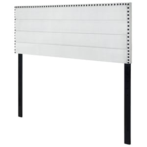 horizontal channeled queen headboard with nail trim in light gray fabric