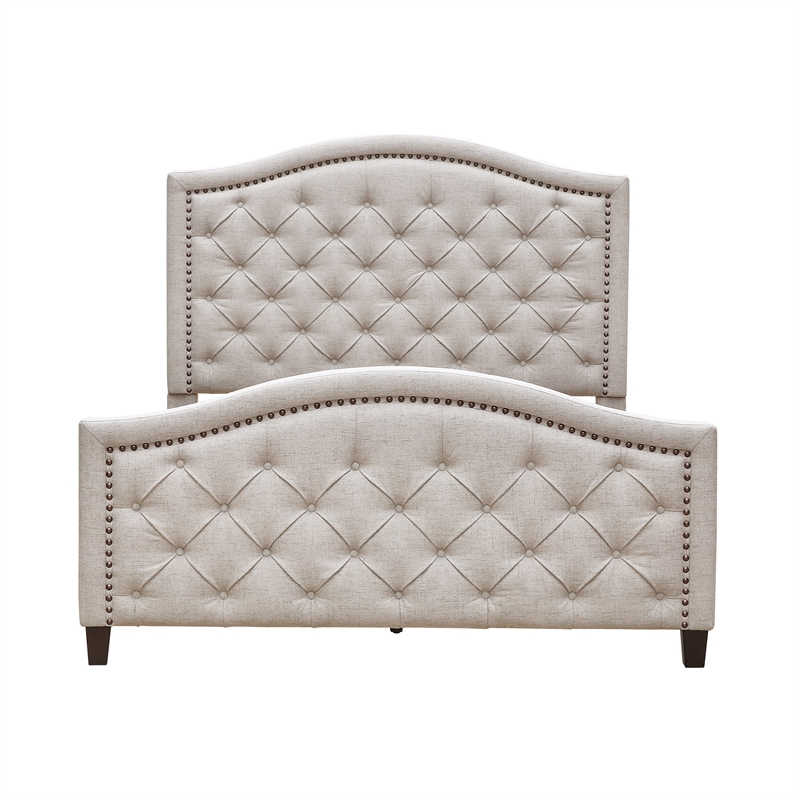 Button Tufted Upholstered Queen Platform Bed in Beige Fabric Cymax