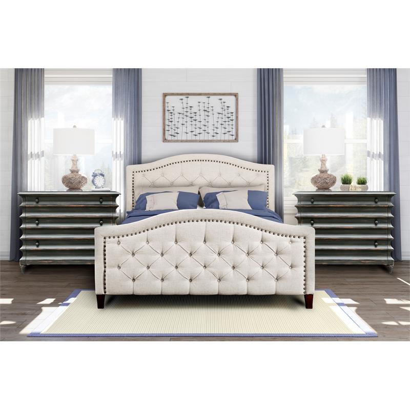 Button Tufted Upholstered California King Platform Bed in Beige Fabric