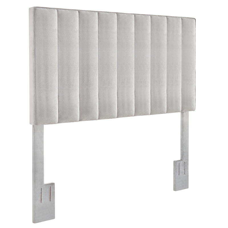 Crushed Velvet Channeled Adjustable Full or Queen Headboard in Light Gray Fabric