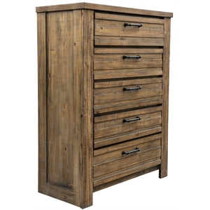 soho five drawer chest in brown wood