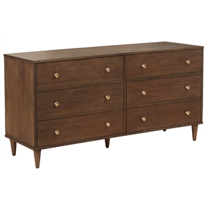 mid century six drawer wood dresser in walnut brown