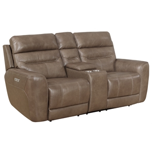power reclining brown leather loveseat with console