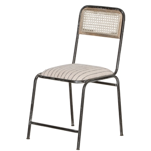 iron frame cane back side chair with blue striped fabric seat