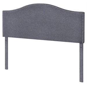 camelback nail trimmed upholstered queen headboard in charcoal gray