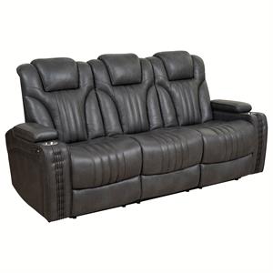 contemporary dual power recliner sofa with usb charging in steamboat gunmetal