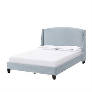 shelter style upholstered wingback queen bed in jasper blue