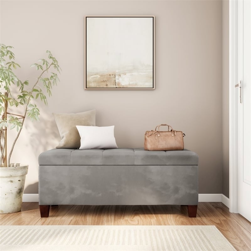 Natural Greige Transitional Microfiber Shoe Storage Ottoman in Gray