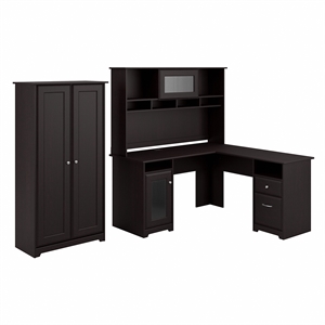 bush furniture cabot 60w l desk, hutch, and 2 door tall storage cabinet