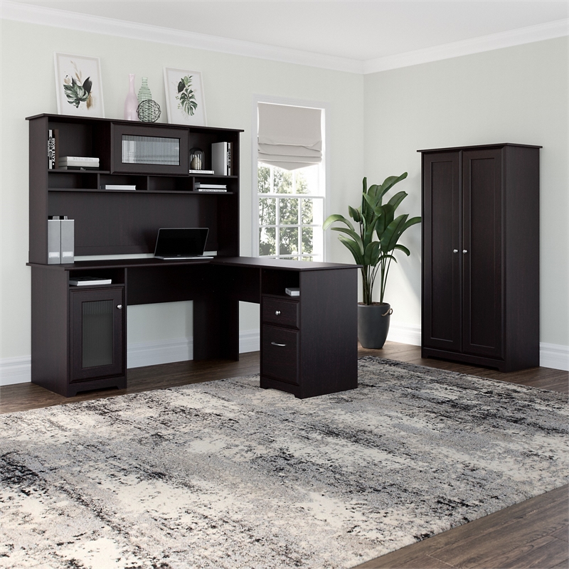 Cabot L Desk with Hutch and Storage Cabinet in Espresso Oak - Engineered Wood