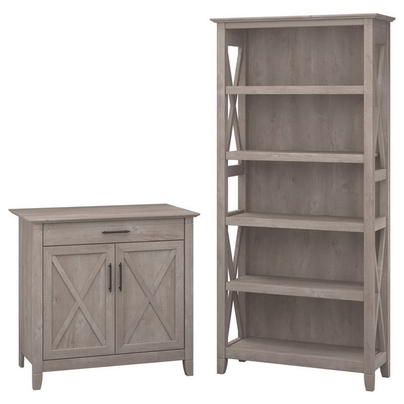 Bush Furniture Key West Storage and 5 Shelf Bookcase in Washed Gray