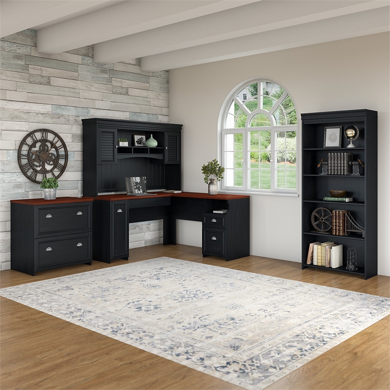 Fairview L Shaped Desk 4 Pc Set with Storage in Antique Black - Engineered Wood