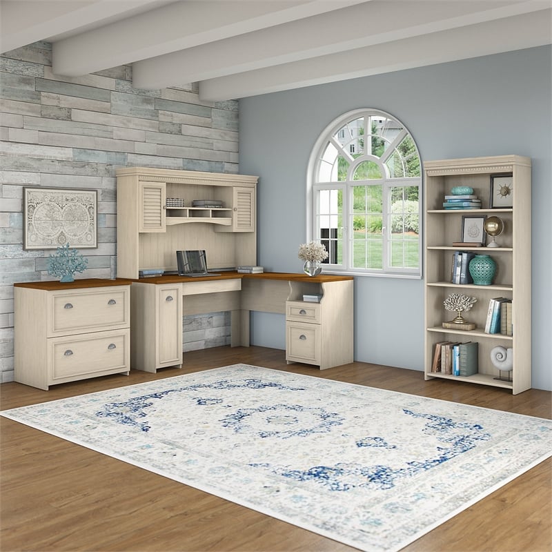 Fairview L Shaped Desk 4 Pc Set with Storage in Antique White - Engineered Wood