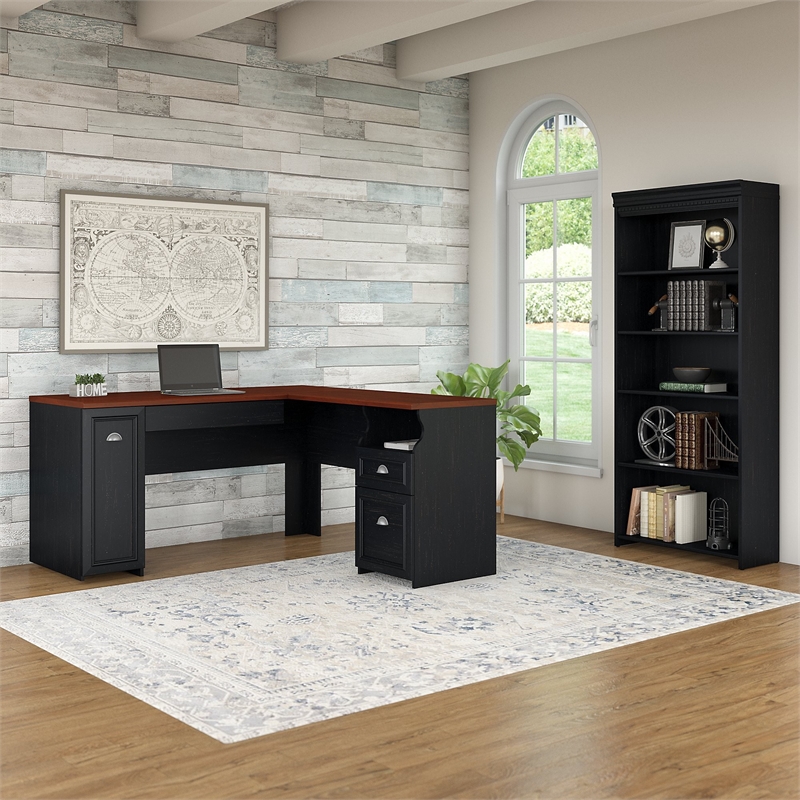 Bush Fairview L Shaped Desk And 5 Shelf Bookcase In Antique Black Bush Fairview L Shaped Desk And 5 Shelf Bookcase In Antique Black